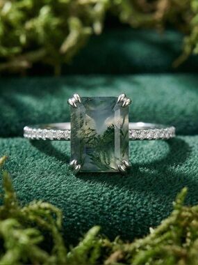 Green Moss Agate Ring • Emerald Cut Engagement Ring Nature Inspired Sterling